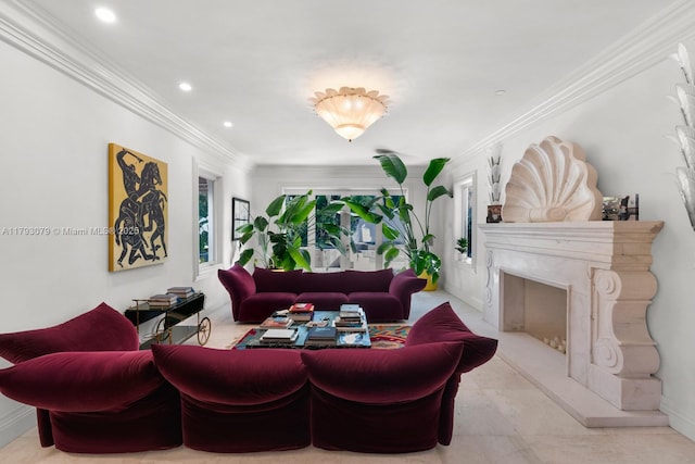 living area with crown molding, recessed lighting, and a premium fireplace