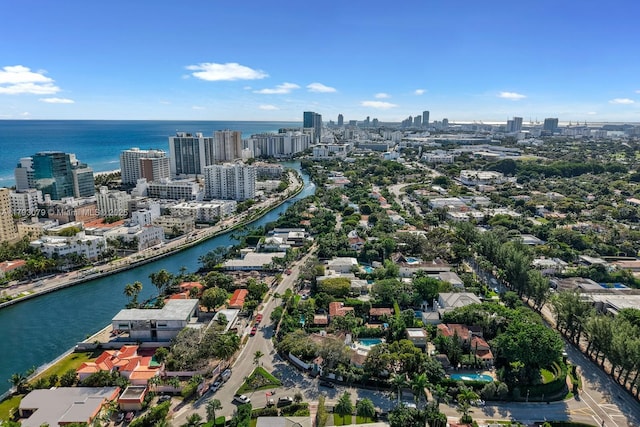 bird's eye view featuring a city view and a water view