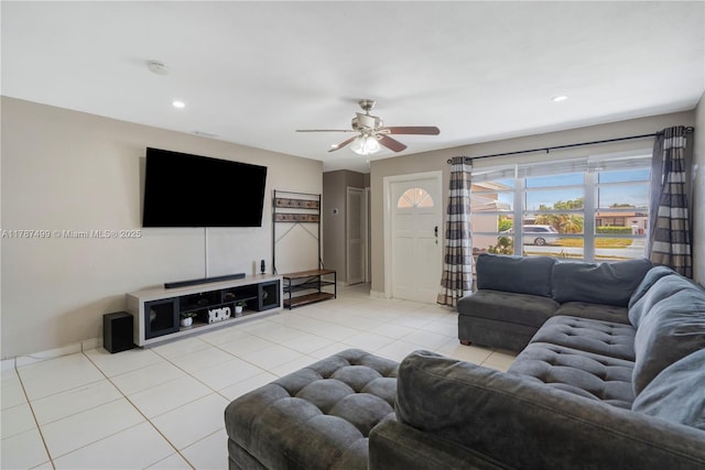 6501 Scott St, Hollywood, FL 33024 - tiled living area featuring recessed lighting, ceiling fan, and baseboards
