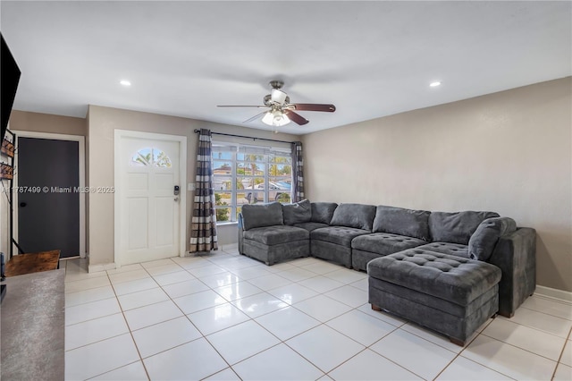 6501 Scott St, Hollywood, FL 33024 - living area with light tile patterned floors, baseboards, ceiling fan, and recessed lighting