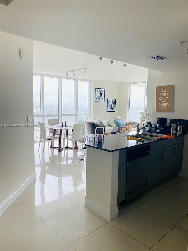 1871 NW S River Dr Unit 903, Miami, FL 33125 - kitchen with light tile patterned floors, a sink, track lighting, and a wealth of natural light