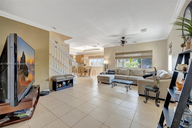 22221 SW 87th Pl, Cutler Bay, FL 33190 - living area featuring crown molding, visible vents, light tile patterned floors, and ceiling fan with notable chandelier