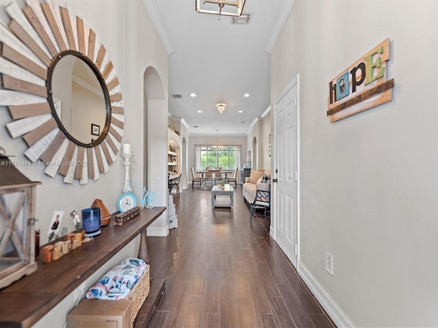 973 NE 36th Ave, Homestead, FL 33033 - corridor featuring crown molding, recessed lighting, baseboards, and dark wood finished floors
