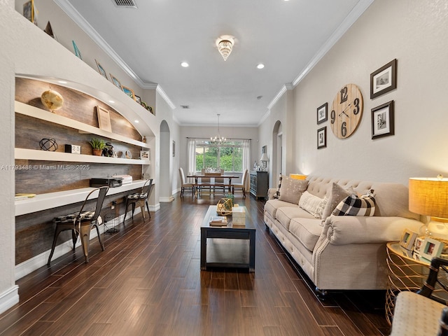 973 NE 36th Ave, Homestead, FL 33033 - living area with recessed lighting, an inviting chandelier, ornamental molding, and dark wood-type flooring