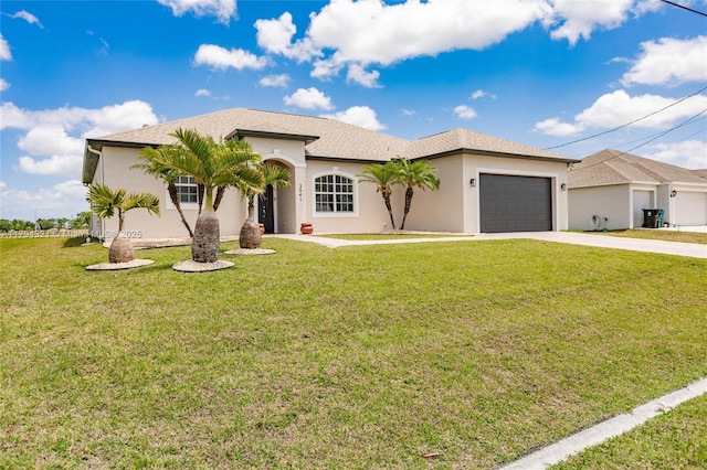 single story home featuring concrete driveway, an attached garage, a front lawn, and stucco siding