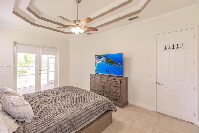 2041 SW Imperial St, Port St Lucie, FL 34987 - bedroom with a raised ceiling, crown molding, light tile patterned floors, ceiling fan, and baseboards