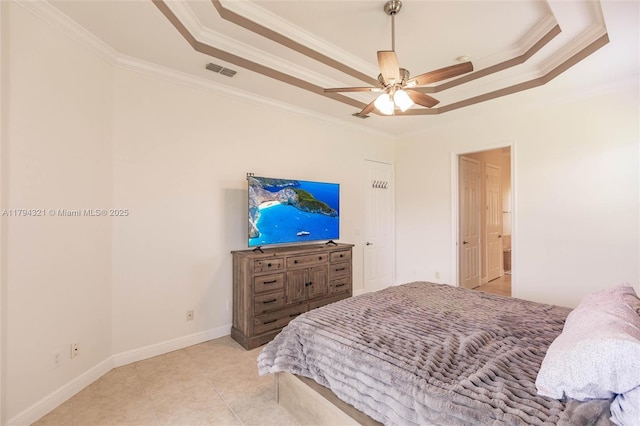 2041 SW Imperial St, Port St Lucie, FL 34987 - bedroom featuring a tray ceiling, ornamental molding, tile patterned floors, baseboards, and ceiling fan