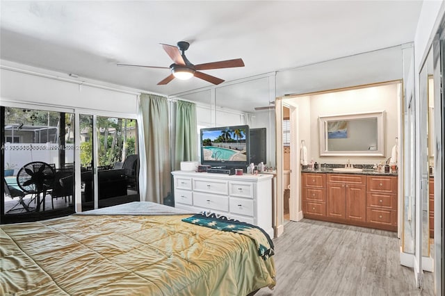 11240 Sheridan St, Pembroke Pines, FL 33026 - bedroom featuring a ceiling fan, a sink, access to outside, ensuite bath, and light wood-style flooring