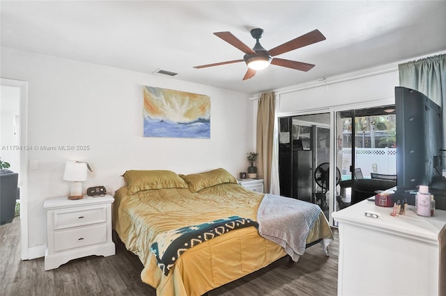 11240 Sheridan St, Pembroke Pines, FL 33026 - bedroom featuring access to outside, ceiling fan, visible vents, and wood finished floors