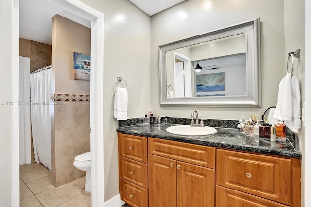 11240 Sheridan St, Pembroke Pines, FL 33026 - bathroom with vanity, toilet, tile walls, a shower with shower curtain, and tile patterned floors