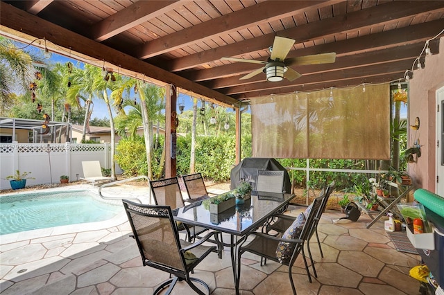 view of patio with a fenced in pool, a fenced backyard, ceiling fan, and outdoor dining area