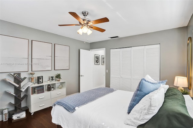 11240 Sheridan St, Pembroke Pines, FL 33026 - bedroom featuring ceiling fan, a closet, dark wood finished floors, and visible vents