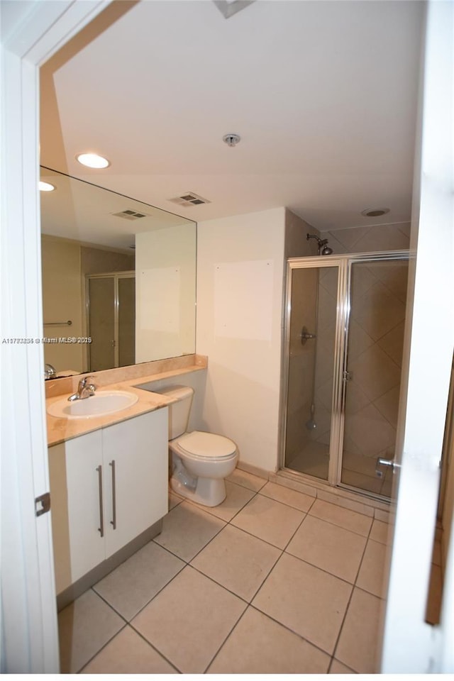 full bath featuring visible vents, tile patterned flooring, a stall shower, vanity, and recessed lighting