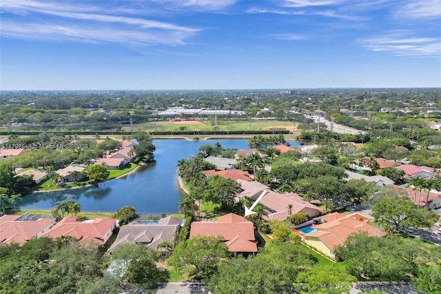 drone / aerial view with a water view and a residential view