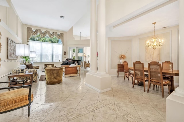 4123 W Lake Estates Dr, Davie, FL 33328 - living room featuring ornate columns, light tile patterned floors, and a chandelier