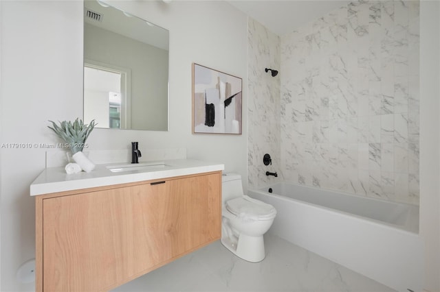full bath featuring vanity, shower / bathtub combination, toilet, marble finish floor, and visible vents
