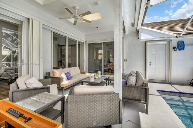 7649 Briar Cliff Cir, Lake Worth, FL 33467 - view of patio / terrace featuring a ceiling fan, outdoor lounge area, and an outdoor pool