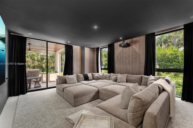cinema room with wallpapered walls