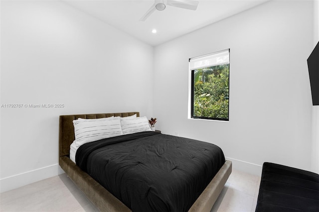 bedroom with recessed lighting, a ceiling fan, and baseboards