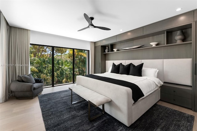 bedroom with recessed lighting, a ceiling fan, and light wood finished floors