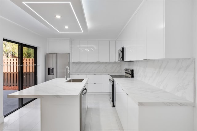 853 SW 118th Ter, Davie, FL 33325 - kitchen featuring appliances with stainless steel finishes, a sink, a kitchen island with sink, white cabinetry, and modern cabinets