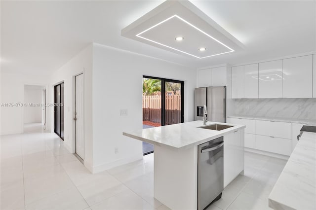 853 SW 118th Ter, Davie, FL 33325 - kitchen with white cabinets, a sink, a kitchen island with sink, stainless steel appliances, and modern cabinets