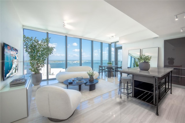 living area with track lighting, floor to ceiling windows, a water view, and wood finished floors
