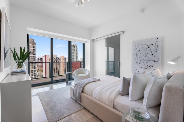 bedroom featuring a city view, wood finished floors, and access to exterior