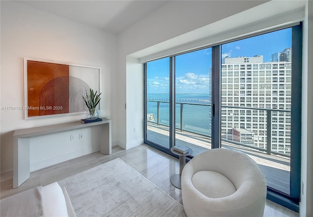 sitting room featuring baseboards, a water view, and wood finished floors