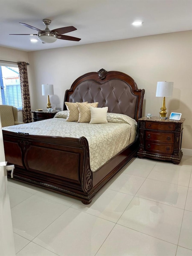 bedroom featuring a ceiling fan, baseboards, recessed lighting, and light tile patterned floors