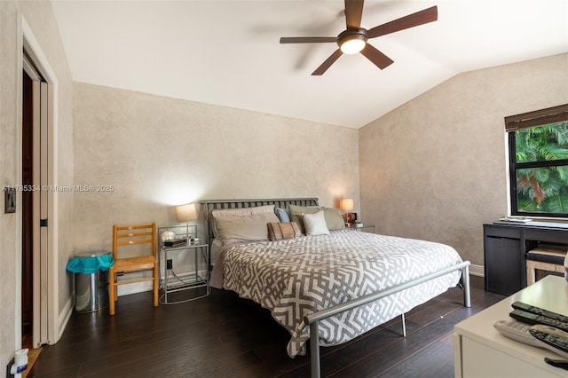563 Lakeside Cir, Sunrise, FL 33326 - bedroom featuring vaulted ceiling, dark wood-style floors, ceiling fan, and a textured wall
