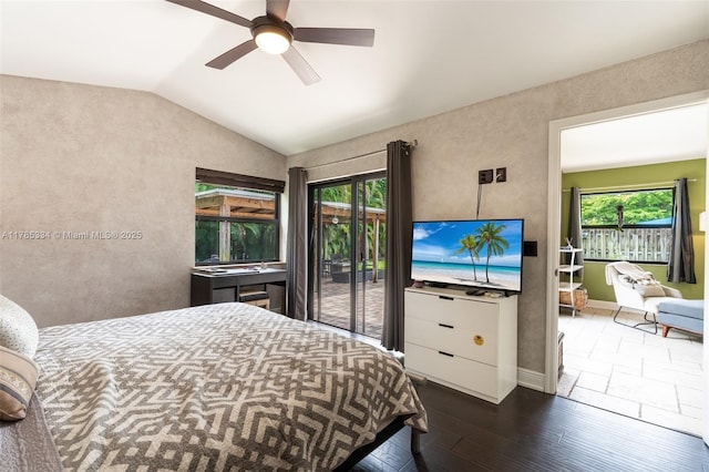 563 Lakeside Cir, Sunrise, FL 33326 - bedroom with access to exterior, lofted ceiling, multiple windows, wood finished floors, and ceiling fan
