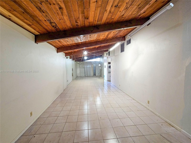 corridor with wood ceiling and beam ceiling