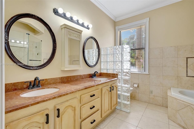 16789 98th Way N, Jupiter, FL 33478 - bathroom featuring ornamental molding, tile patterned flooring, double vanity, a garden tub, and toilet
