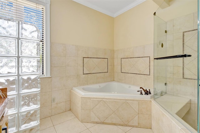 bathroom featuring a bath, crown molding, tile walls, a shower stall, and tile patterned floors