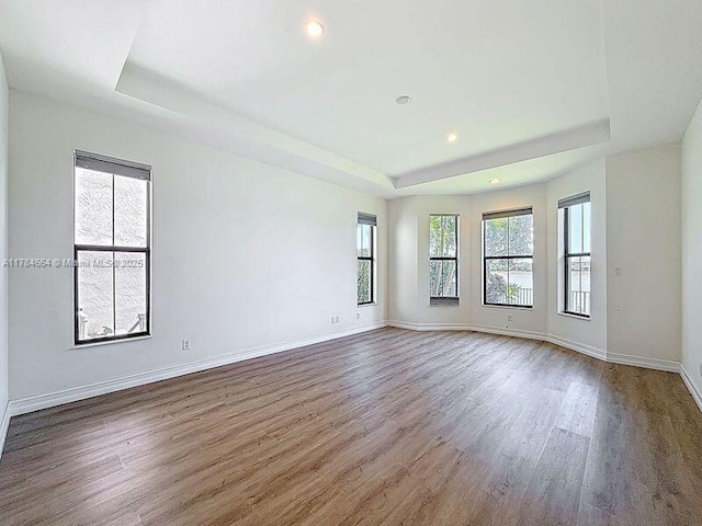spare room with recessed lighting, baseboards, wood finished floors, and a raised ceiling