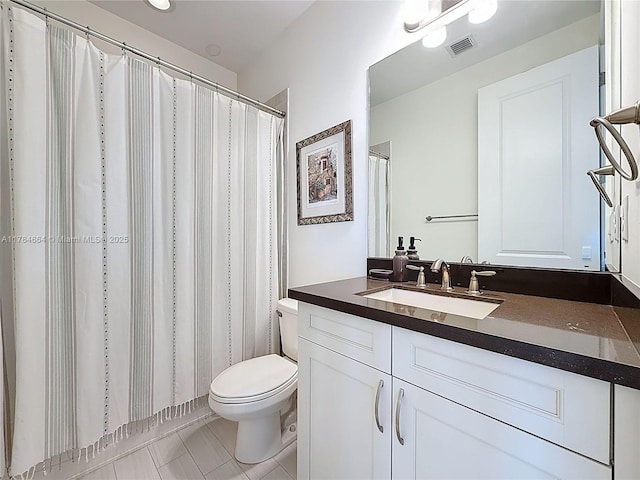full bath featuring tile patterned floors, vanity, toilet, and visible vents