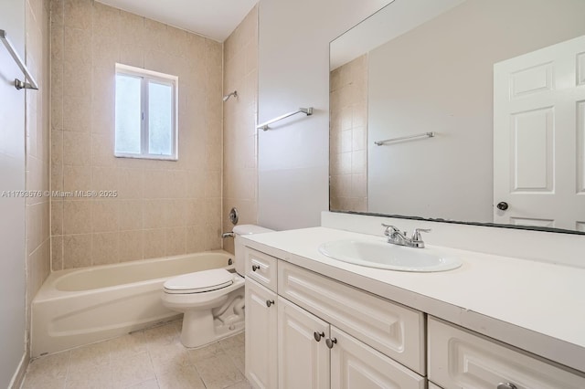 full bath featuring tile patterned floors, shower / bathing tub combination, vanity, and toilet