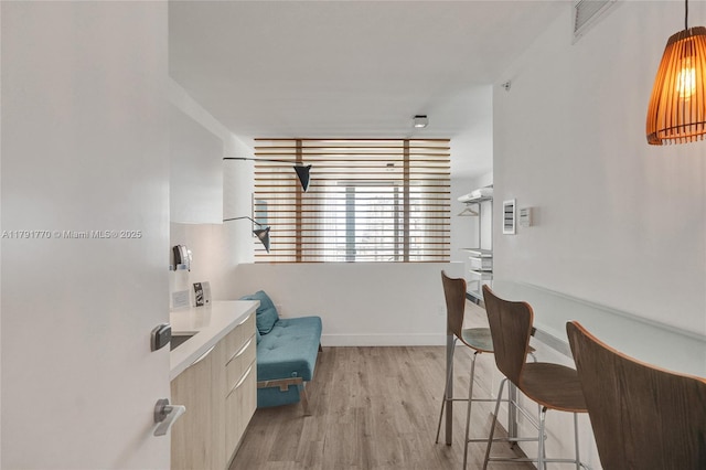 interior space featuring light countertops, baseboards, light wood-type flooring, and modern cabinets