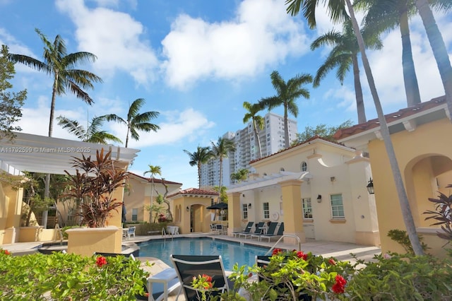 pool with a patio