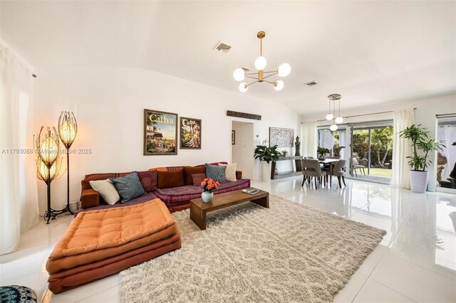 480 NW 88th Ter, El Portal, FL 33150 - living area featuring a chandelier, lofted ceiling, light tile patterned floors, and visible vents