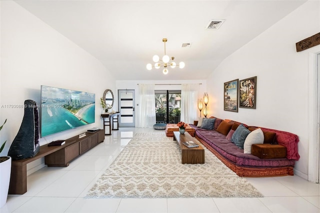 480 NW 88th Ter, El Portal, FL 33150 - living room with tile patterned flooring, lofted ceiling, a notable chandelier, and visible vents