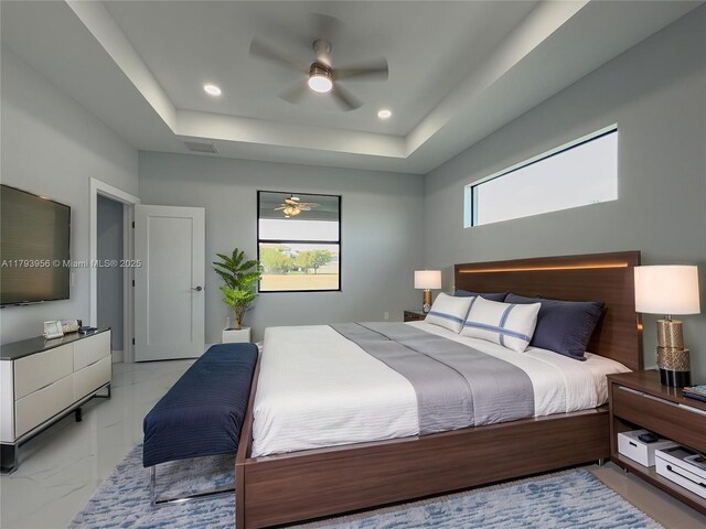 417 Paddock St, Lehigh Acres, FL 33974 - bedroom featuring light marble finish flooring, a raised ceiling, a ceiling fan, and recessed lighting
