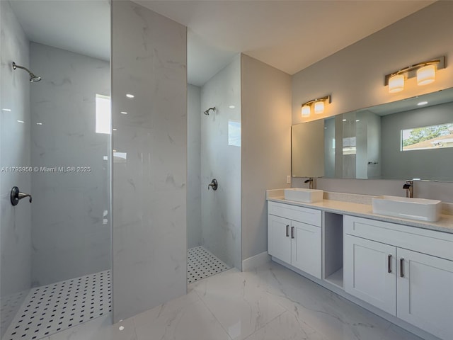 417 Paddock St, Lehigh Acres, FL 33974 - full bath featuring a marble finish shower, marble finish flooring, and double vanity