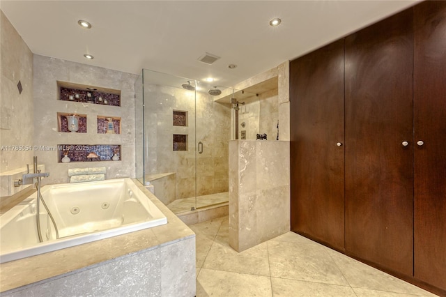 full bath with tile patterned floors, a whirlpool tub, a stall shower, and recessed lighting