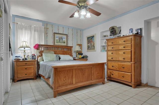 bedroom with crown molding, light tile patterned flooring, and ceiling fan