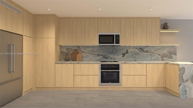 kitchen with open shelves, light brown cabinetry, light wood-style floors, modern cabinets, and stainless steel appliances