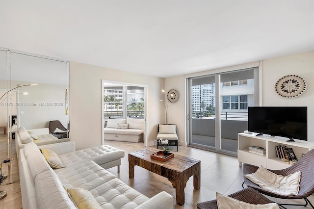 living room with tile patterned flooring