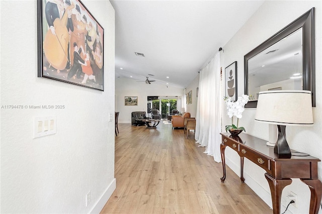 1371 Canary Island Dr, Weston, FL 33327 - corridor featuring recessed lighting, visible vents, light wood-type flooring, and lofted ceiling
