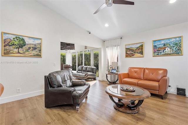 1371 Canary Island Dr, Weston, FL 33327 - living room featuring a ceiling fan, wood finished floors, baseboards, high vaulted ceiling, and recessed lighting